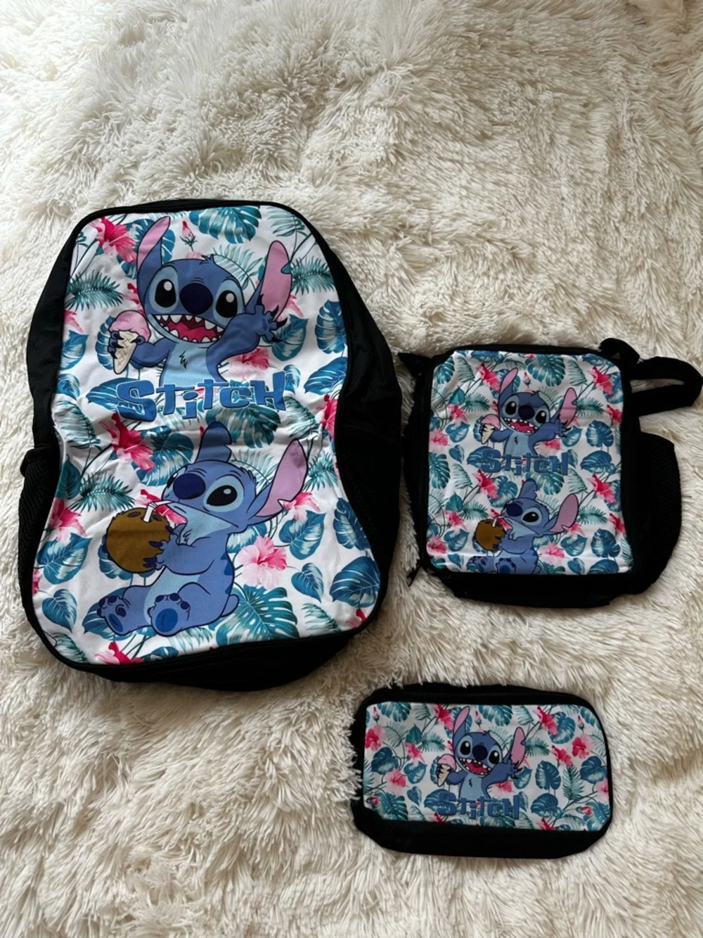 Disney Stitch 3 Piece Backpack Lunch Bag Pencil Case Set Tropical Print New